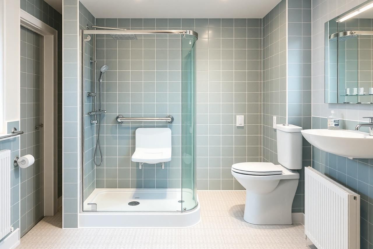 Accessible UK bathroom with a level access shower enclosure, fold down seat, chrome grab rails and slip resistant flooring.