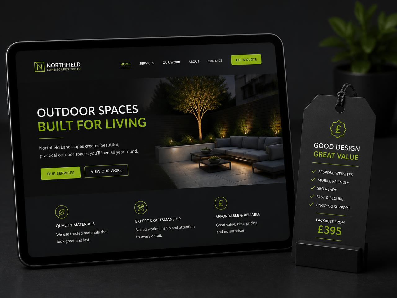 Affordable business website shown on a tablet next to a price tag reading good design, great value
