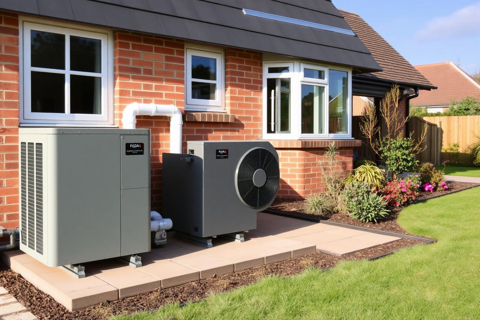 Grey air source heat pump unit installed on a paved base beside a red brick UK house with insulated pipework.