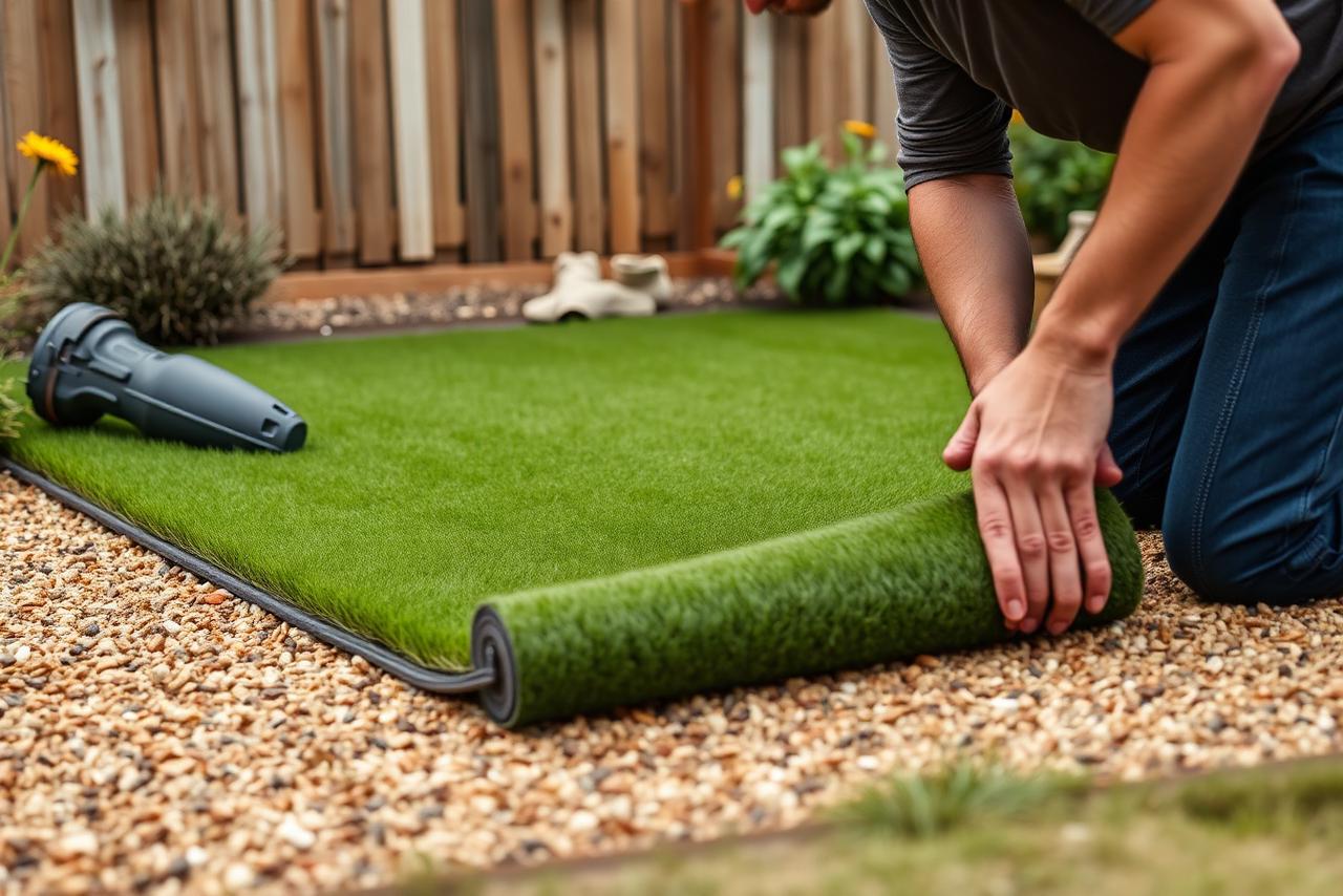 Landscaper kneeling to roll out artificial grass over a prepared aggregate base in a small UK back garden with timber fencing behind.