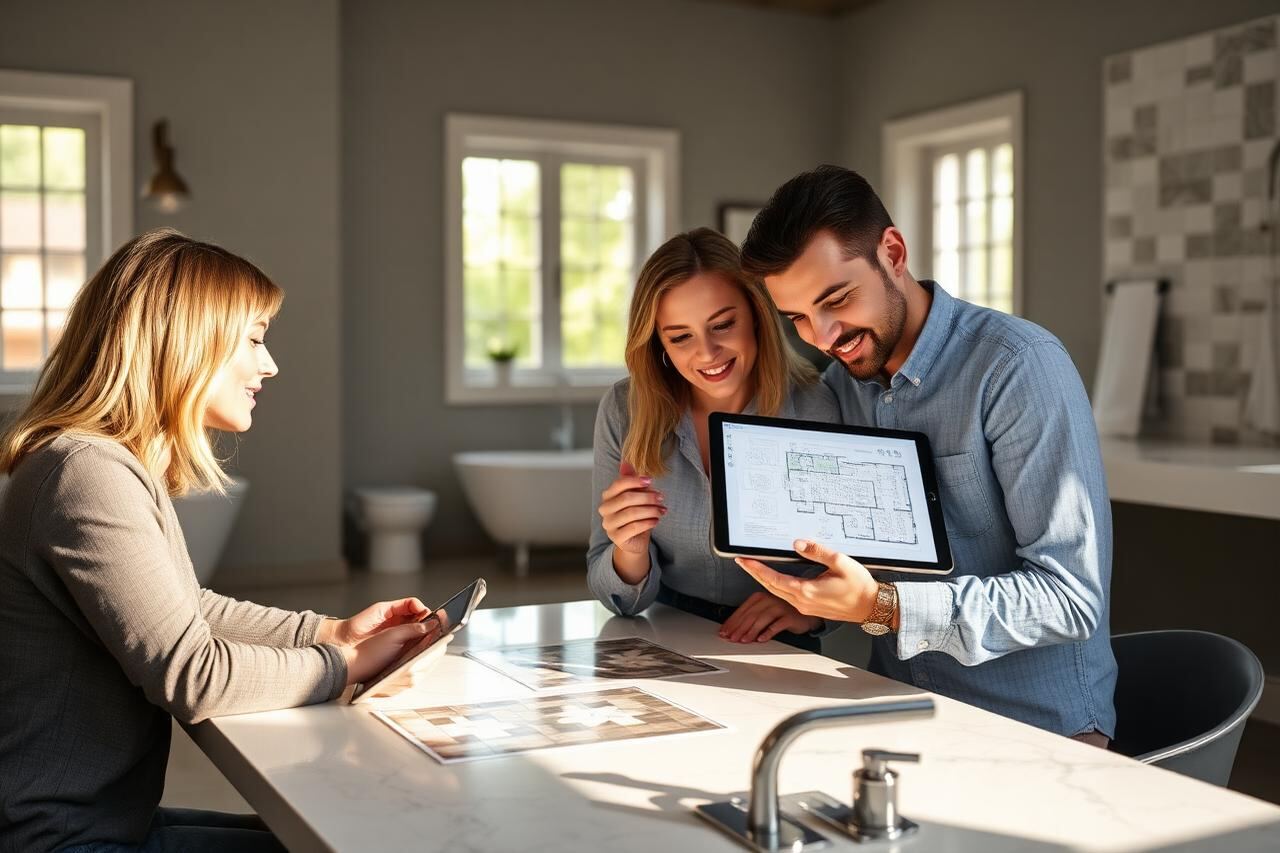 Bathroom designer showing a couple a 3D bathroom plan on a tablet at a showroom table with tile and tap samples laid out.