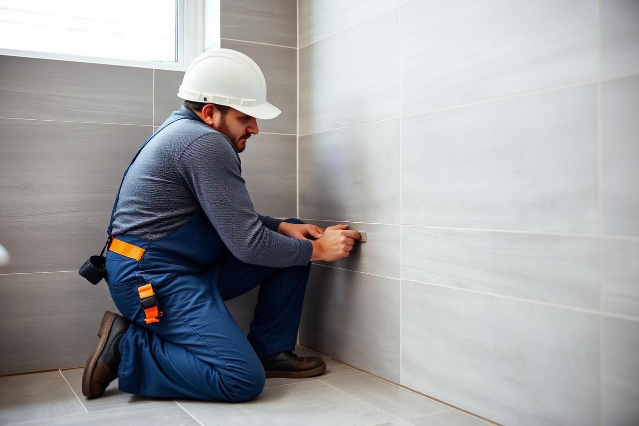 UK bathroom fitter kneeling to fix large format grey wall tiles during a bathroom installation, adhesive trowel and tile spacers on the floor beside him.