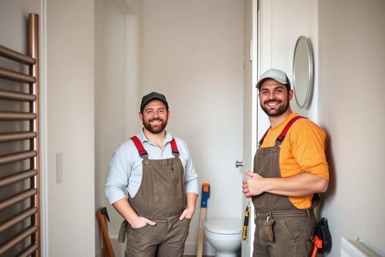 Two UK bathroom fitters in workwear standing smiling in the doorway of a bathroom they have just completed.