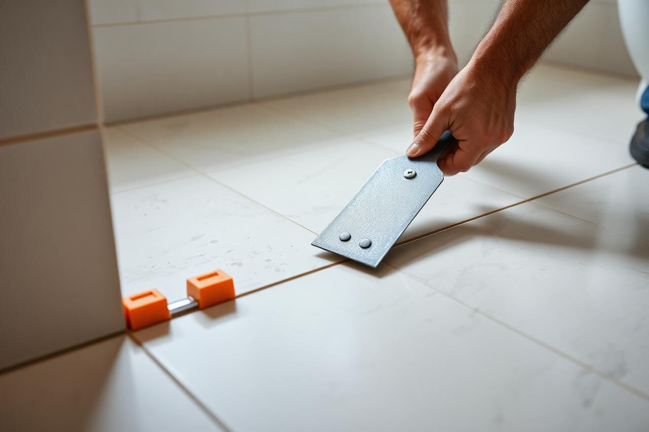 Close-up of a tiler laying large format porcelain bathroom floor tiles using levelling clips and adhesive.