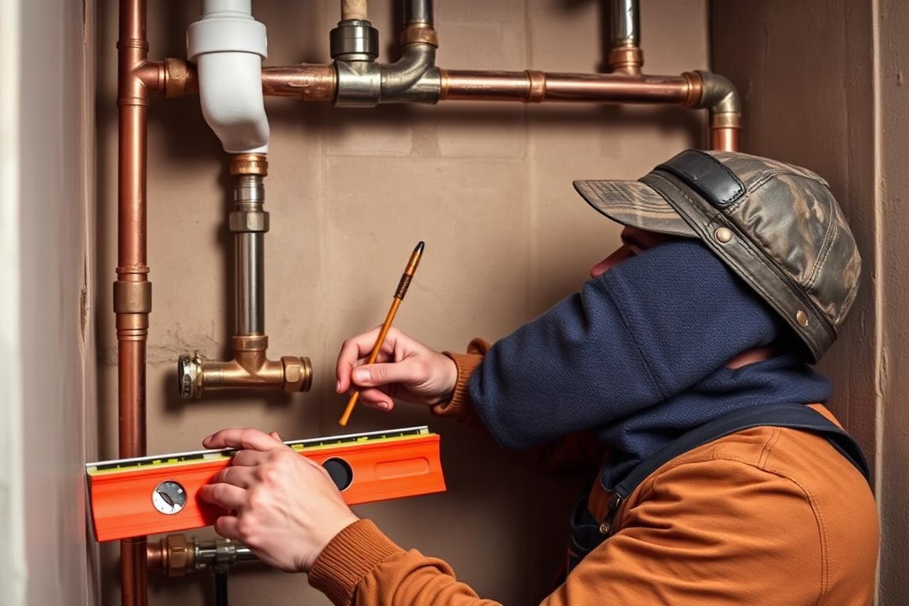 Bathroom plumber setting out copper first fix pipework against a wall with a spirit level before boarding and tiling.