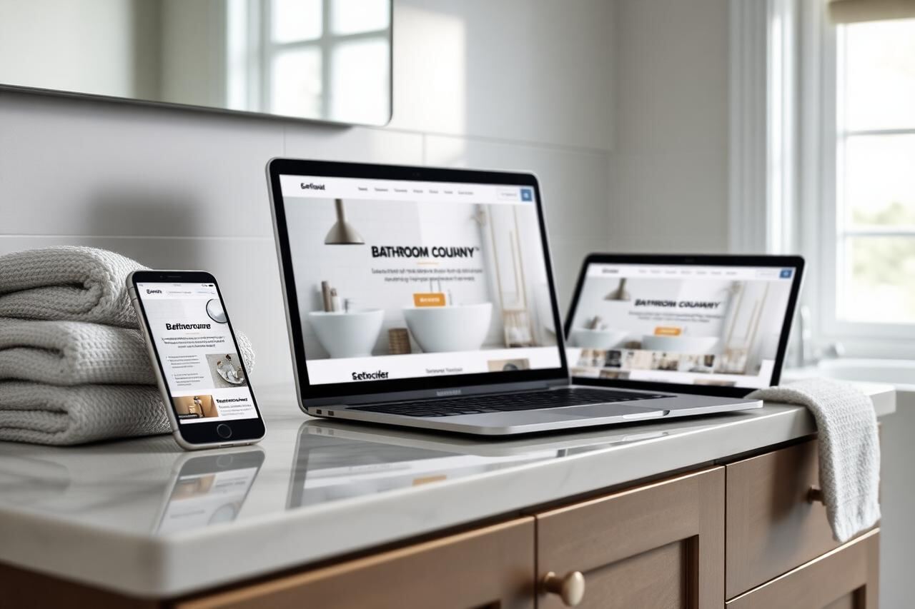 Bathroom company website shown on a smartphone and a laptop standing on a bathroom vanity worktop next to folded towels.