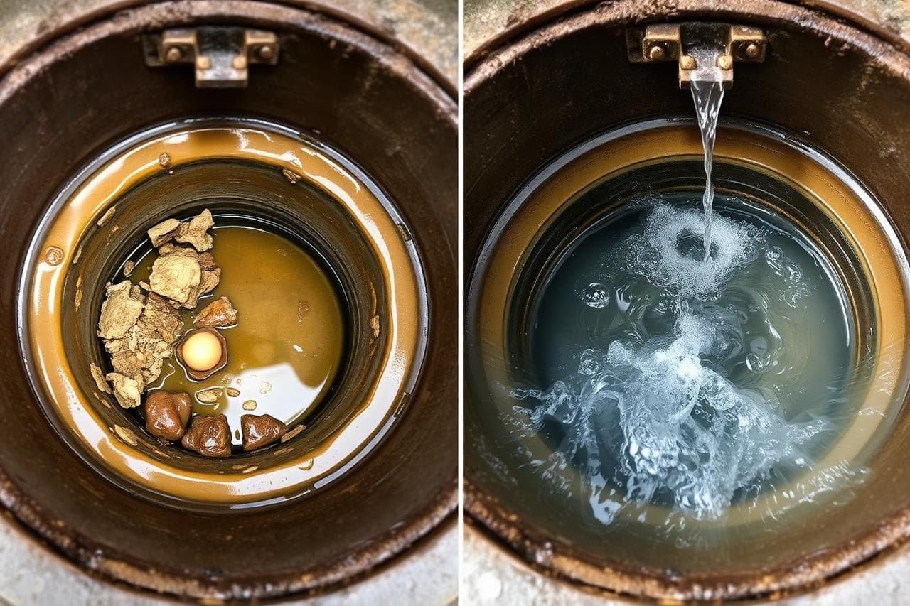 Before and after comparison of a blocked outside drain full of debris and the same drain cleared and running clear after jetting.