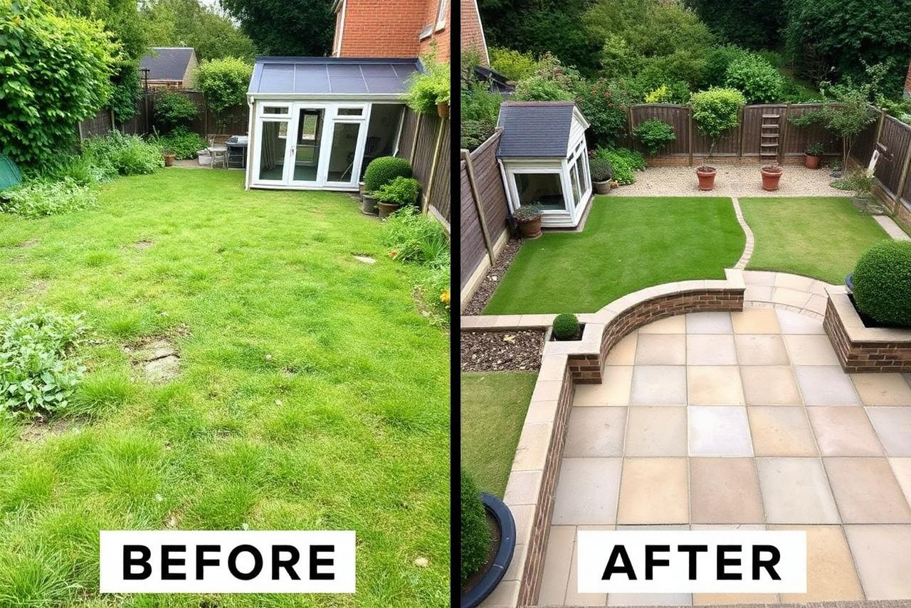 Before and after comparison of a UK back garden, showing an overgrown patchy lawn on one side and a finished landscaped garden with a new patio and lawn on the other.