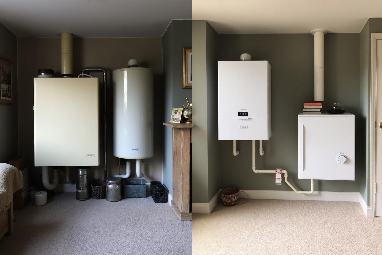Before and after comparison of an old bulky back boiler and cylinder replaced by a compact modern white combi boiler in a UK home.