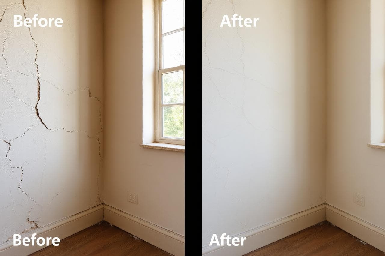 Before and after comparison of a UK room wall, showing cracked damaged plaster on one side and a freshly skimmed smooth finish on the other.