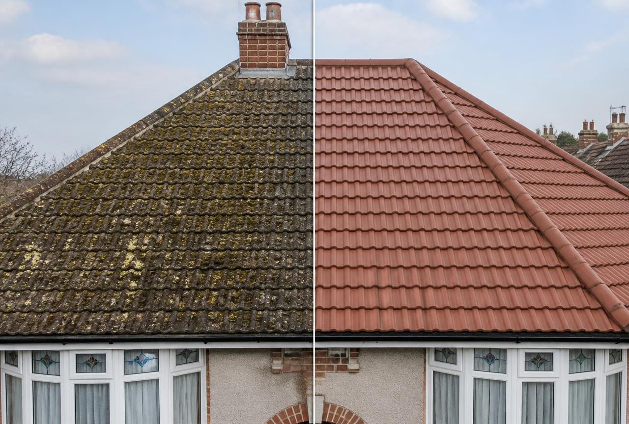 Before and after comparison of a UK house roof, showing mossy damaged tiles on one side and clean newly laid tiles on the other.