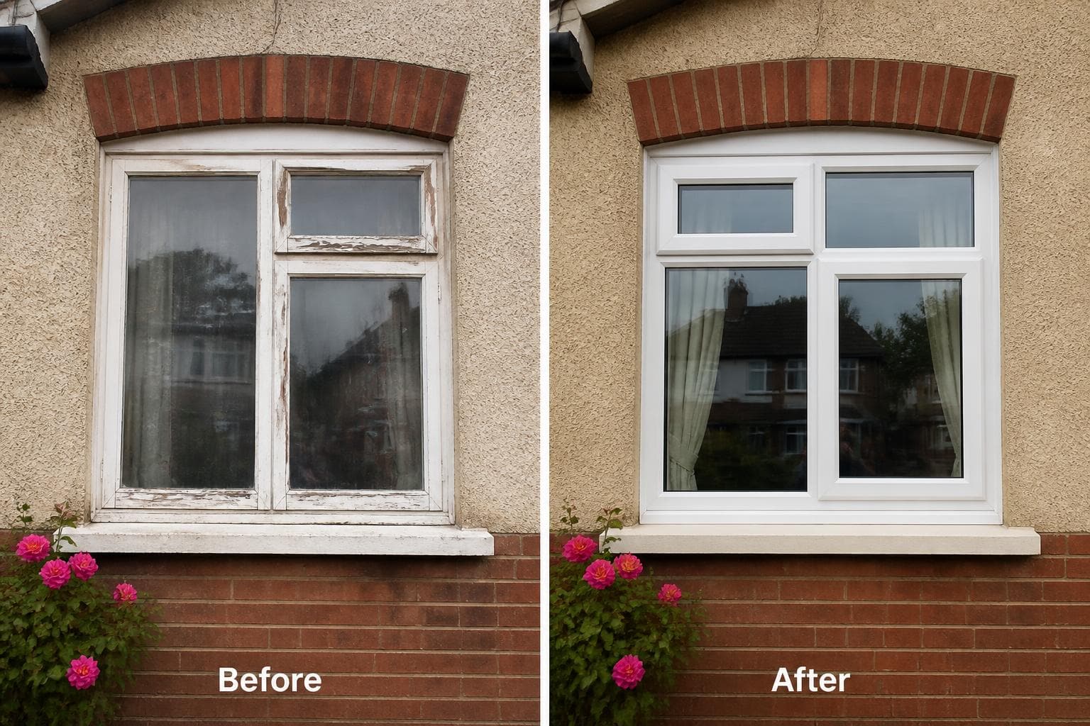 Before and after comparison of a tired rotten timber window replaced with a crisp new white uPVC window on a UK house.