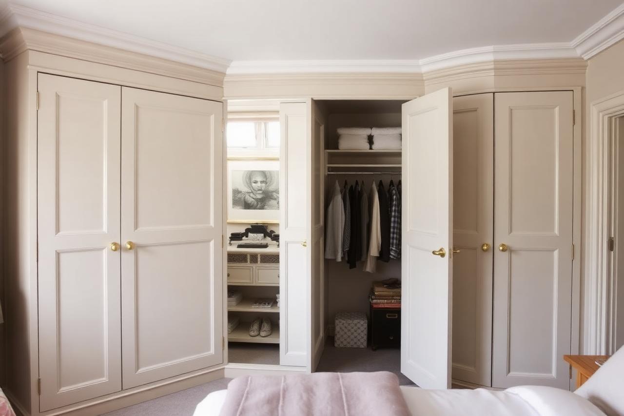Bespoke painted alcove wardrobes with brass handles fitted into a UK bedroom, one door open showing rails and shelving.