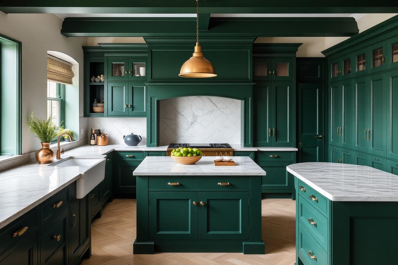 Luxury bespoke in-frame kitchen in a UK home with deep green painted cabinetry, marble island, brass handles and a pendant light above.