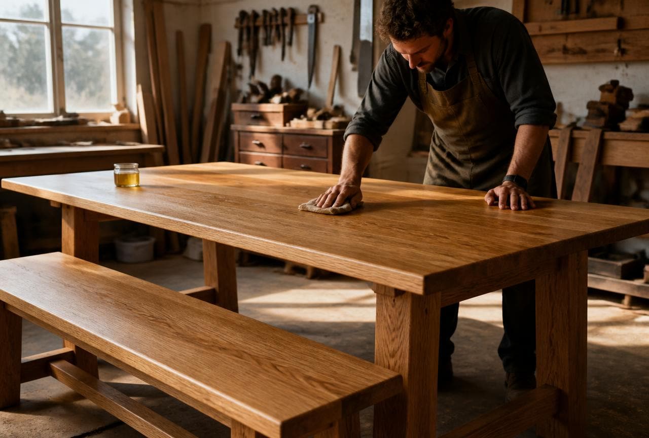 Carpenter hand-oiling a newly built solid oak dining table and bench in a sunlit workshop.