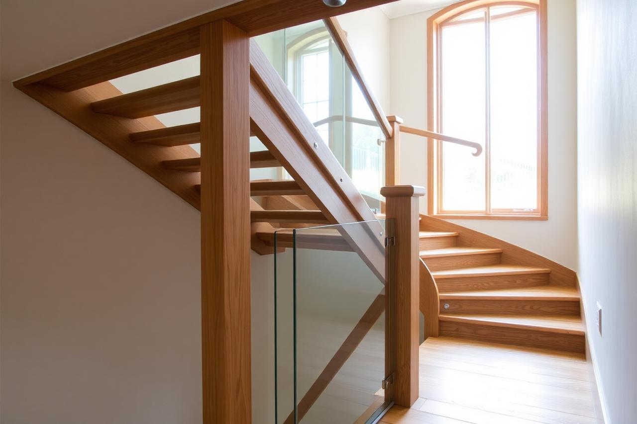 Bespoke oak staircase with glass balustrade and shaped handrail newly installed in a UK home, lit by a tall window.