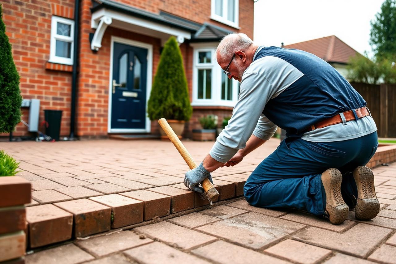 UK landscaper kneeling on a residential driveway laying block paving in a herringbone pattern with a rubber mallet outside a red brick house.