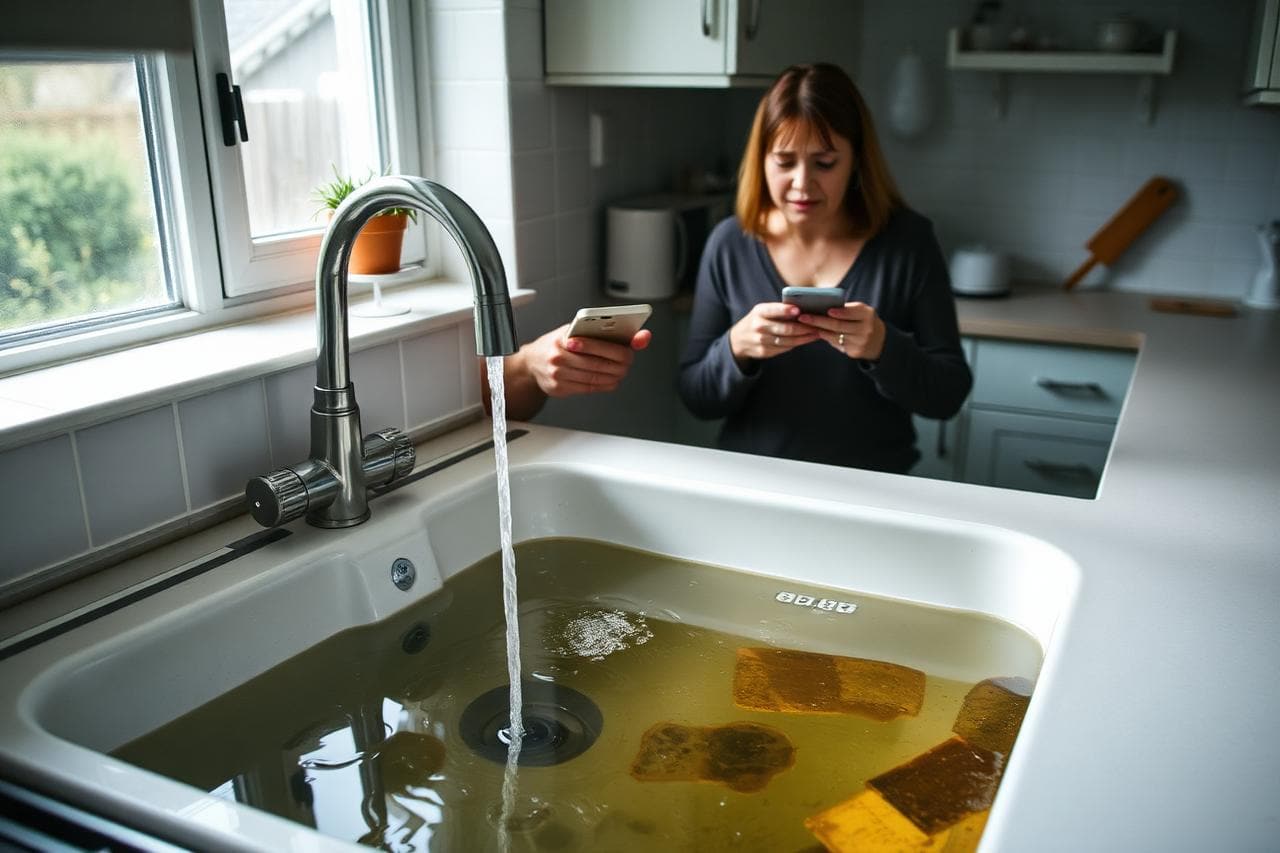 Blocked kitchen sink full of standing grey water with a homeowner looking at it in a UK kitchen.