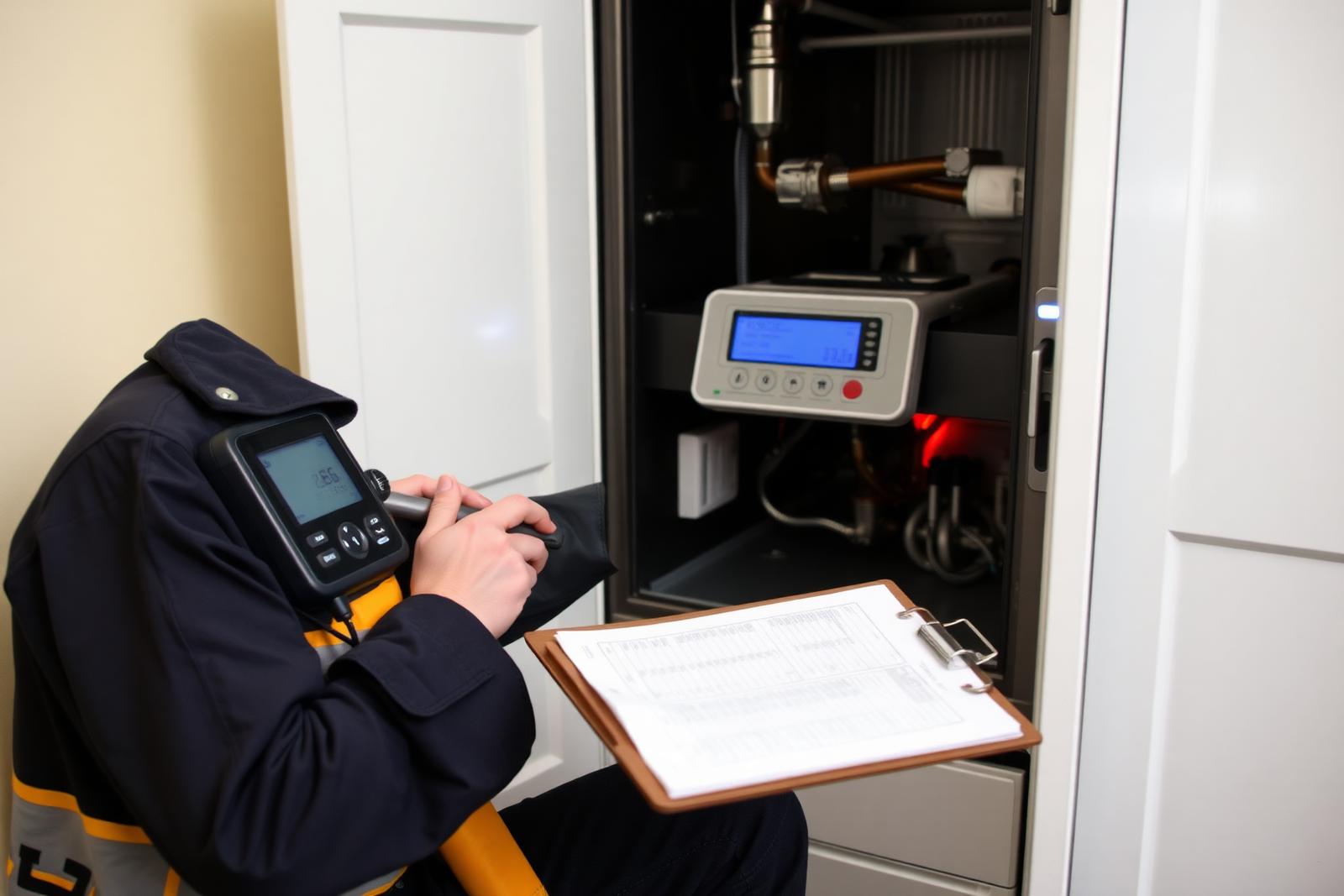 Heating engineer using a flue gas analyser and service record clipboard during an annual boiler service in a UK home.