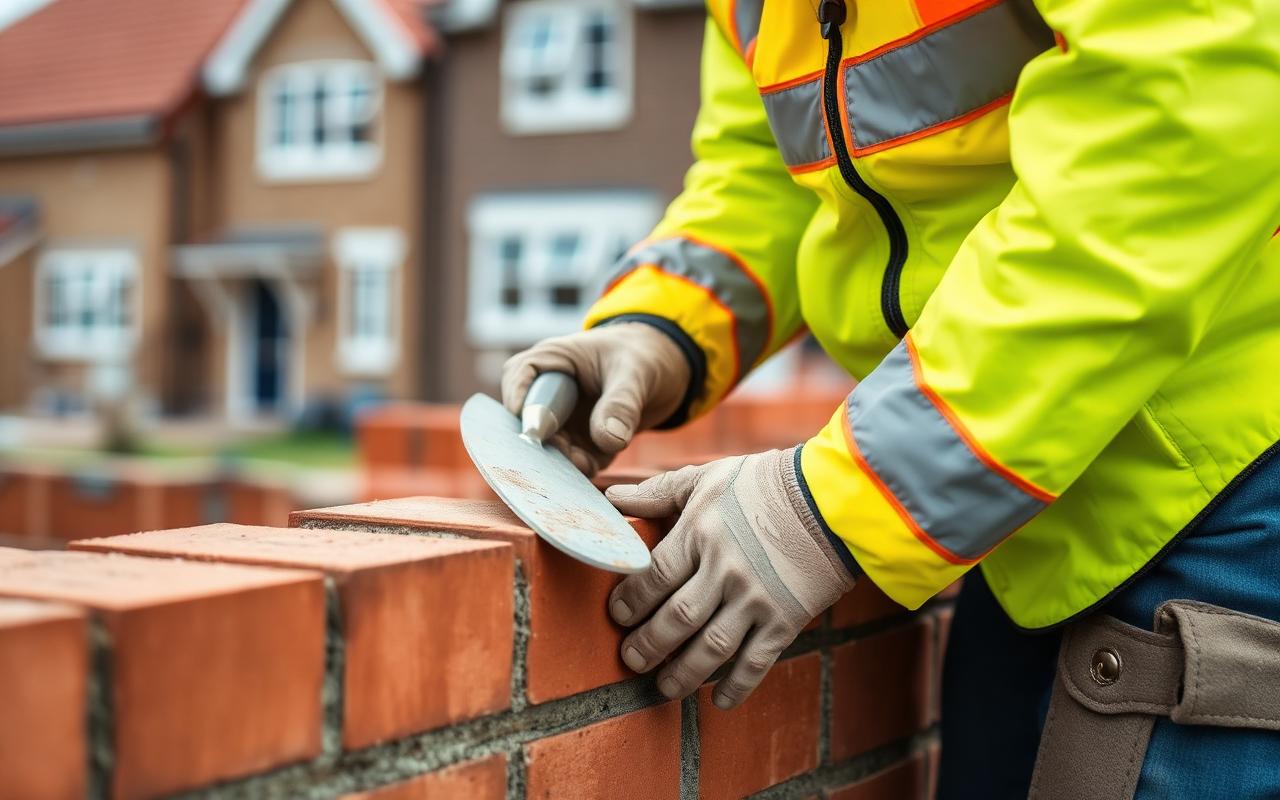 Bricklayer laying bricks on a new build housing development in the UK.