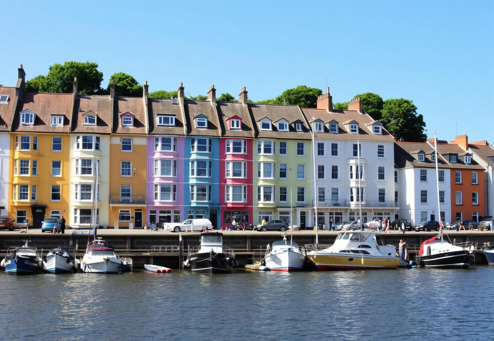 Colourful harbourside houses and moored boats in Bristol