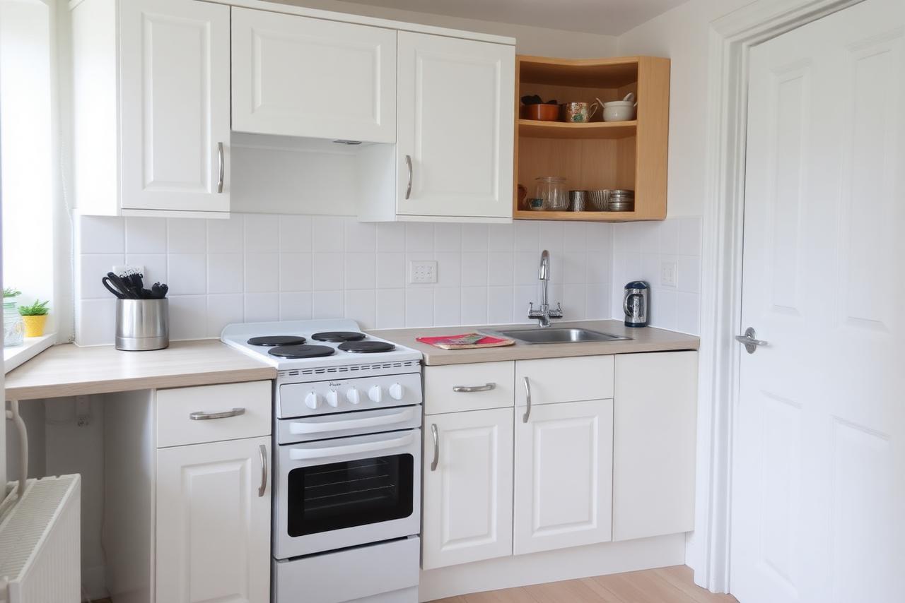 Small clean white flat-pack kitchen in a UK terraced house with laminate worktop, freestanding cooker and tiled splashback.