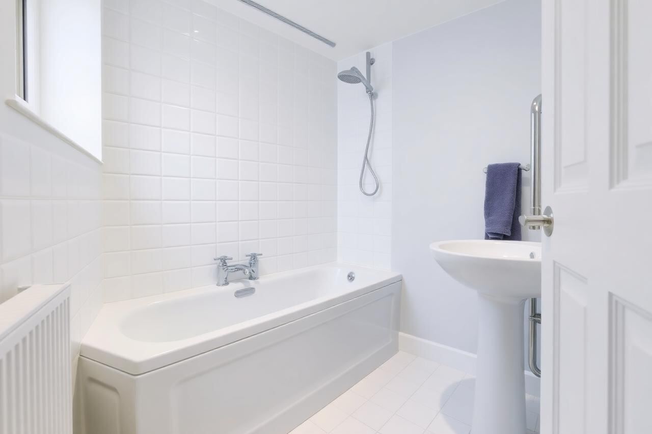 Clean simple budget white bathroom refit in a UK rental property with a bath and shower over, white tiles and chrome fittings.