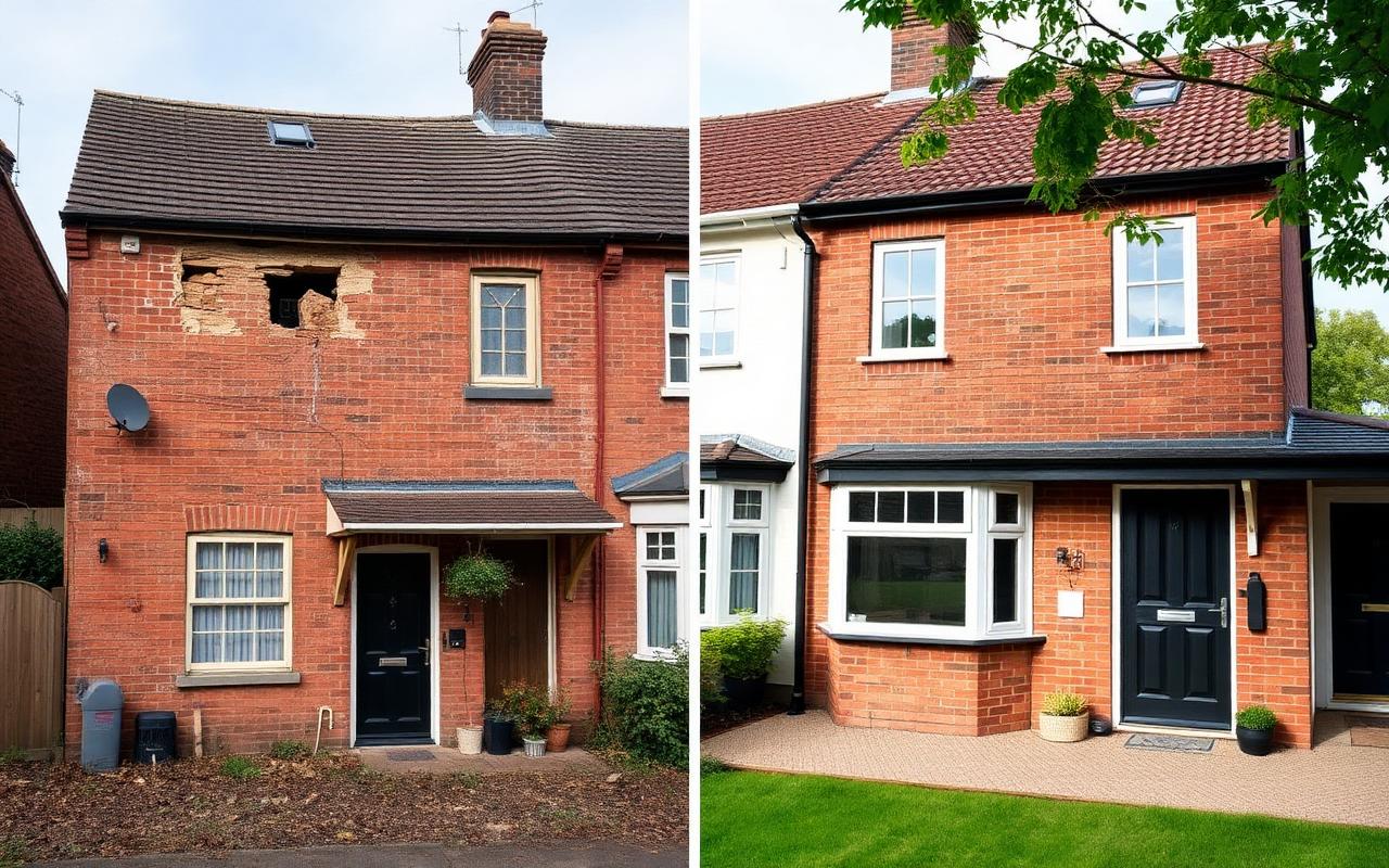 Before and after photographs of a UK house renovation carried out by a building company.