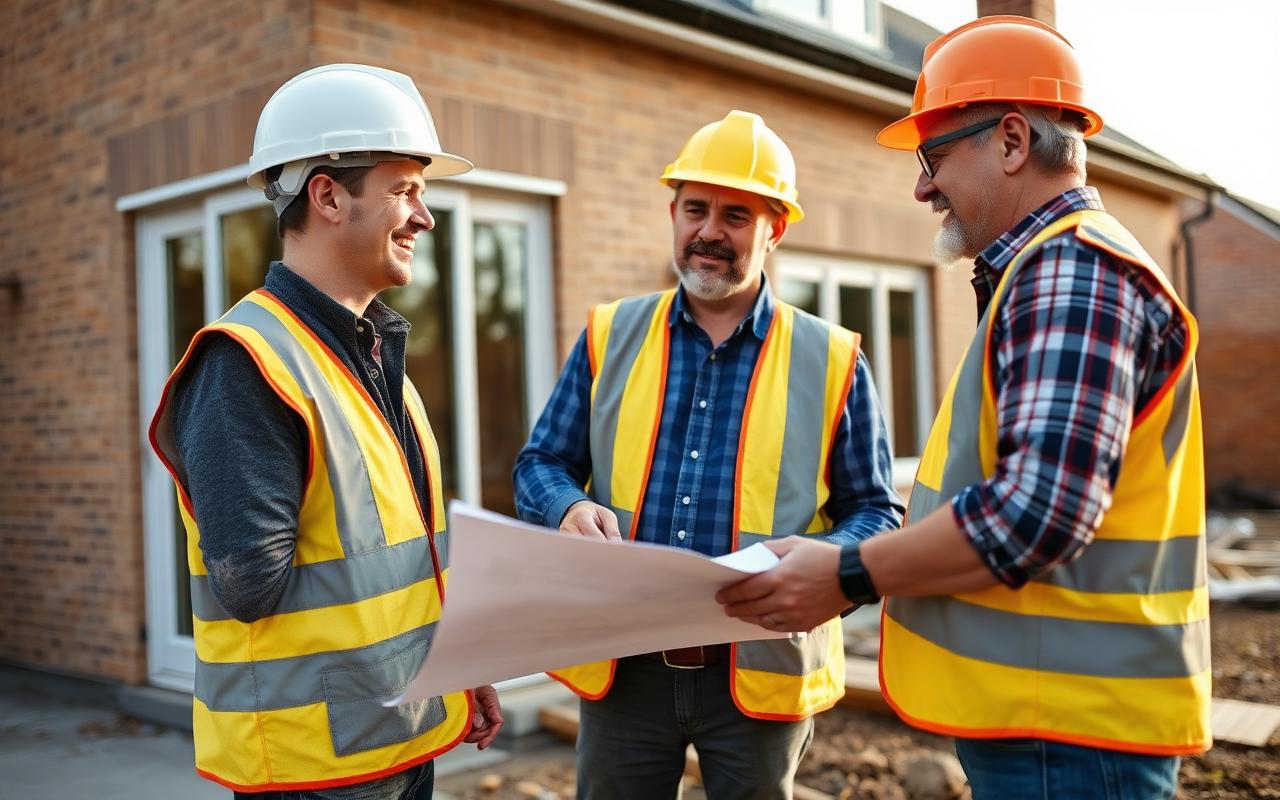 Builder and homeowner reviewing building plans together outside a part-built extension.