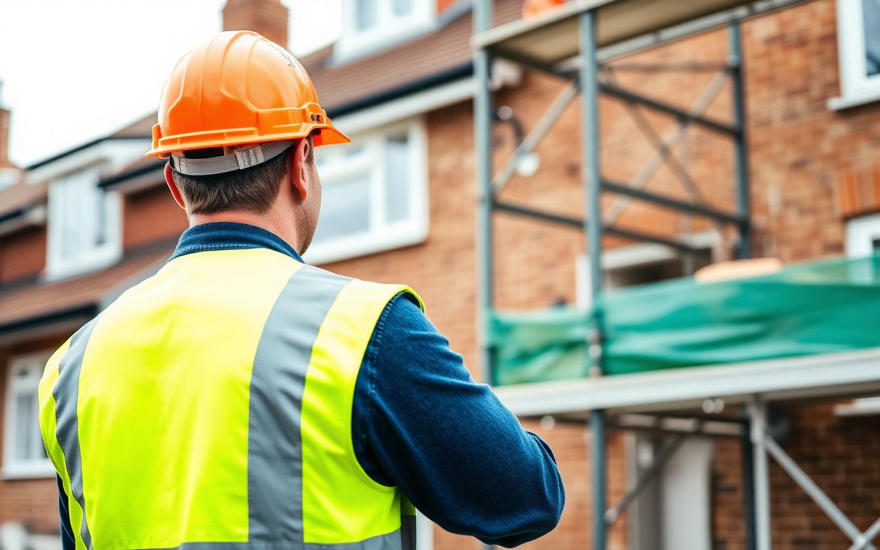 UK builder in hi-vis and hard hat working on a residential house extension with scaffolding.