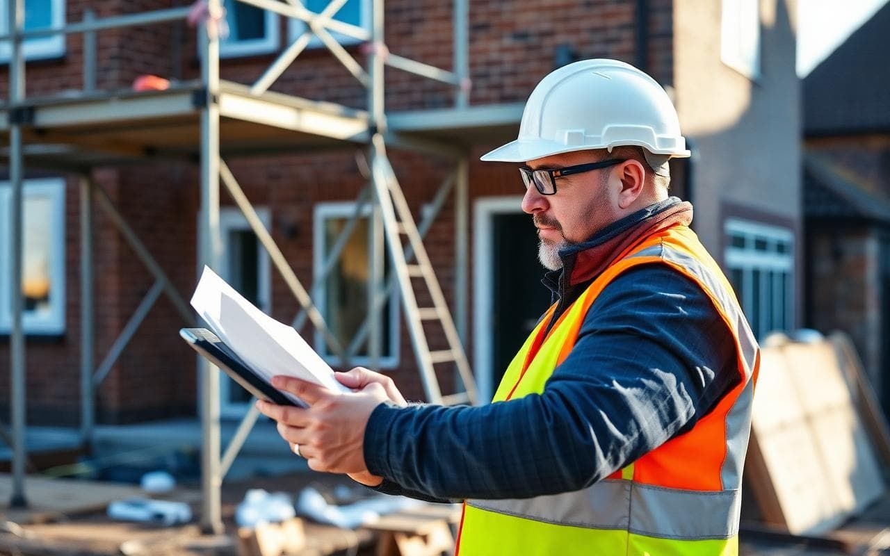 UK builder in hard hat and hi-vis reviewing plans on a tablet at a domestic extension site with scaffolding behind.