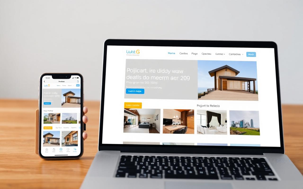 Builder website design shown on a laptop and smartphone with a project gallery.