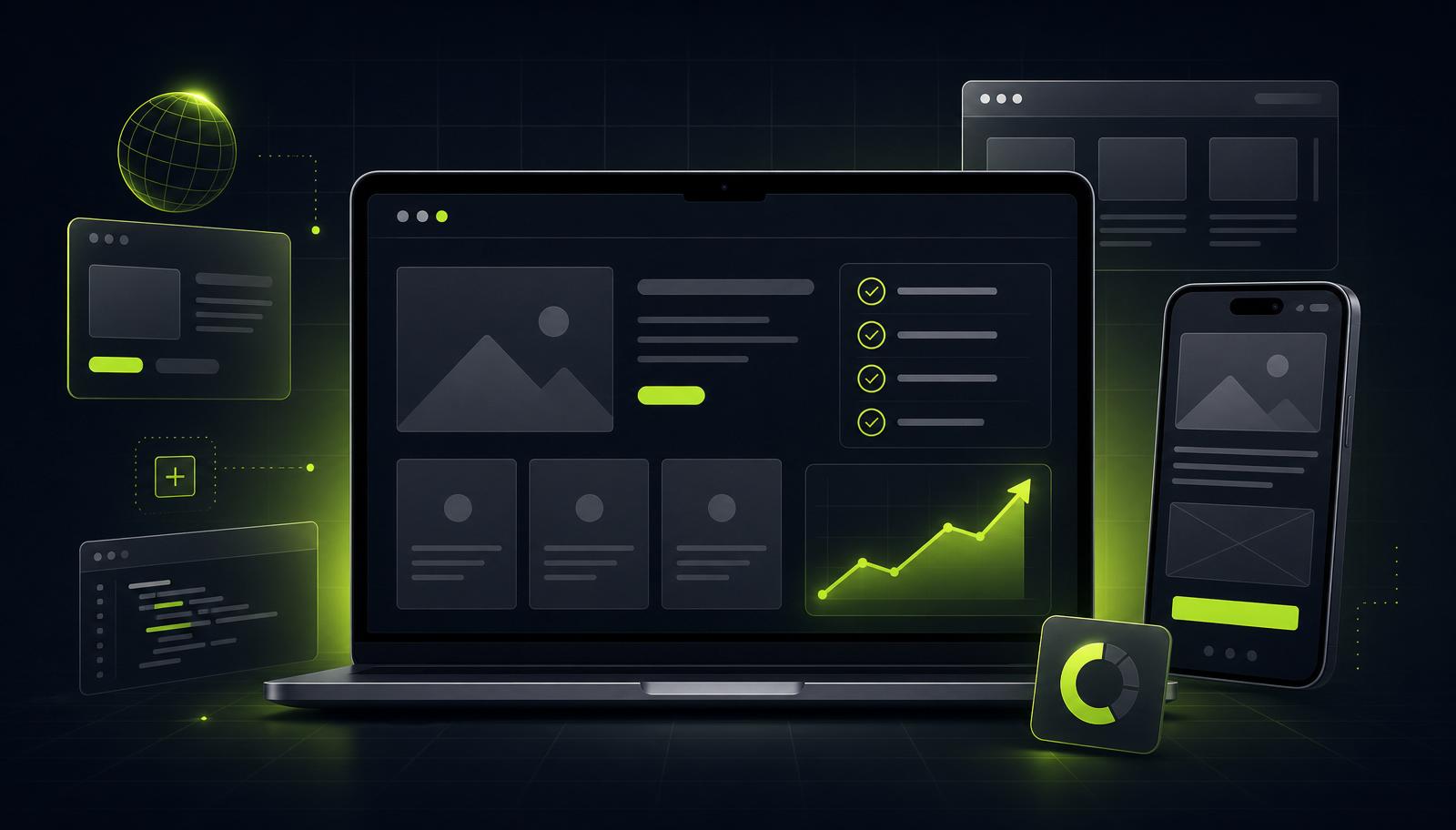 Modern laptop and phone mockups showing a website wireframe, checklist, and growth chart on a dark background