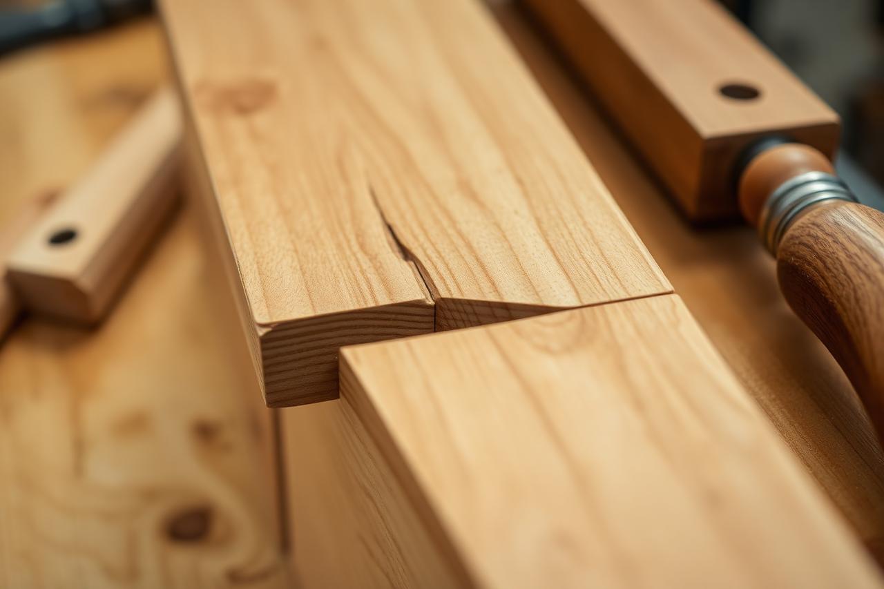Close-up of a hand-cut dovetail joint on an oak drawer being assembled by a cabinet maker, with a chisel resting alongside.