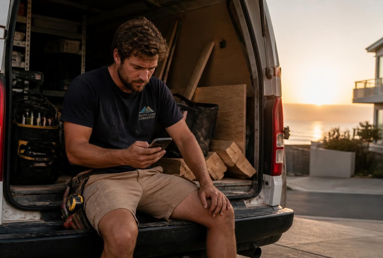 Carpenter sitting on the tailgate of his work van at dusk reading new job enquiries on a phone with tool bags behind him.