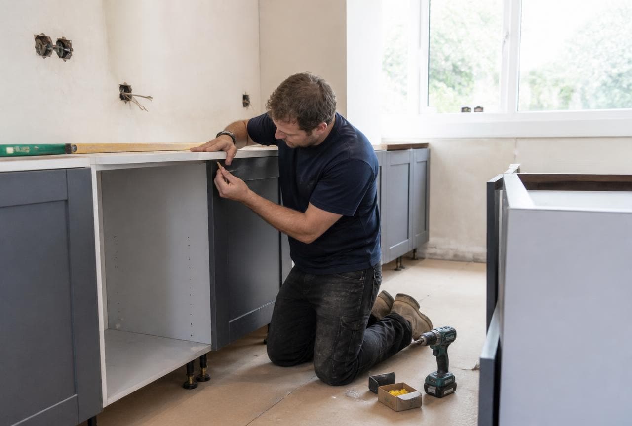 Carpenter levelling a base cabinet and scribing a worktop while fitting kitchen units in a half-finished UK kitchen.