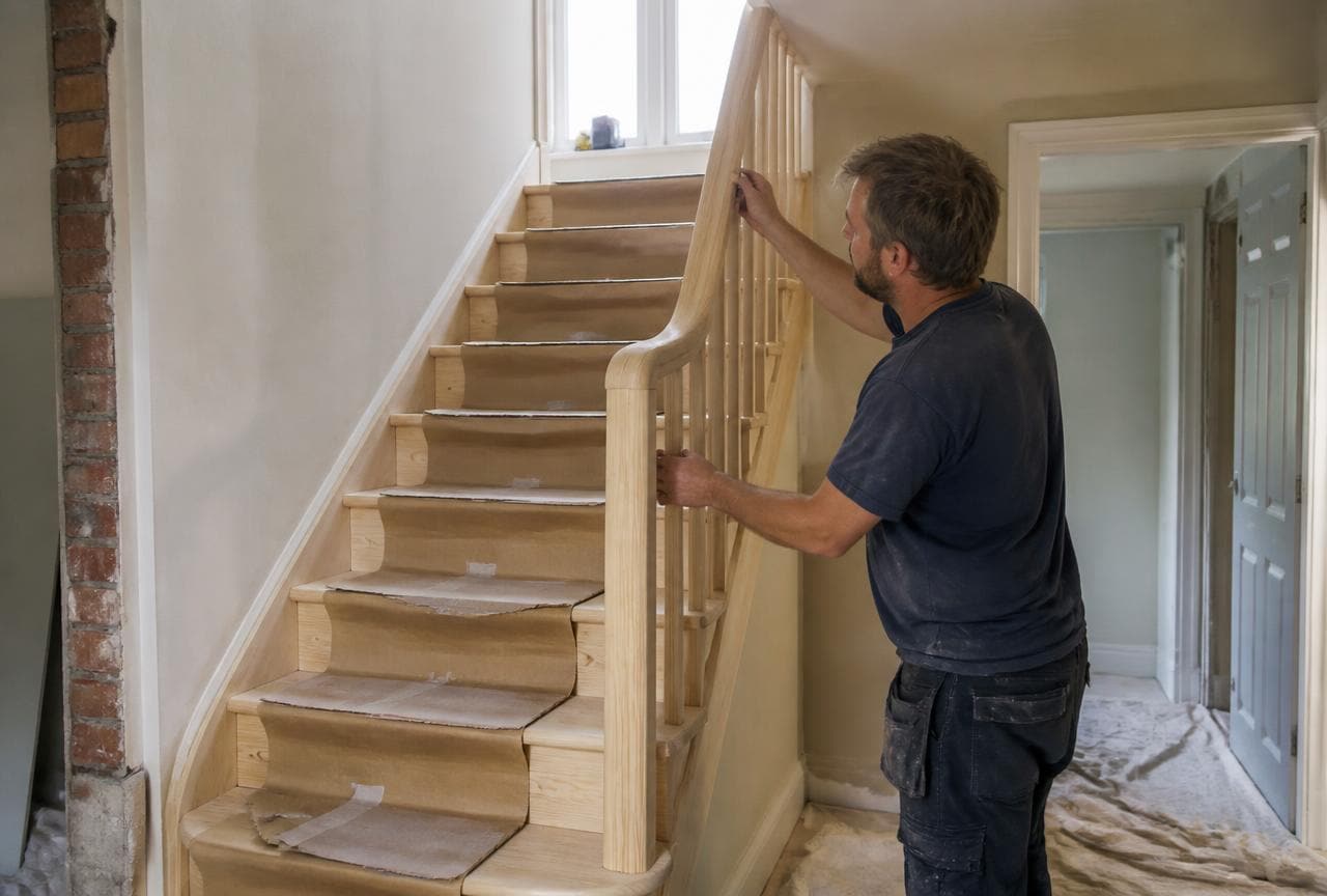 Carpenter fitting a new pine staircase and shaped handrail during a UK home renovation with treads protected by cardboard.