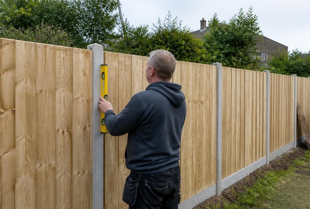 Carpenter using a spirit level while installing a close-board timber fence with concrete posts along a UK garden boundary.