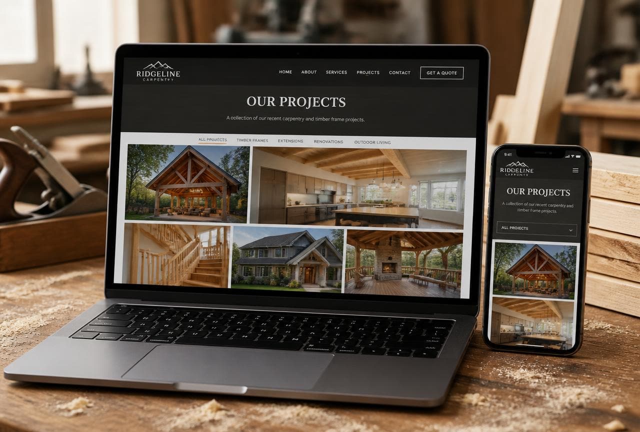 Carpentry company website shown on a laptop and phone on a sawdust-covered workbench, displaying a timber project gallery.