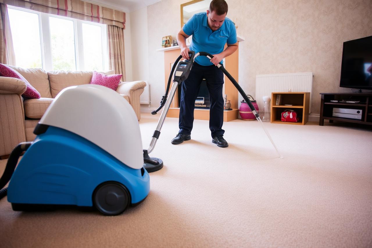 Carpet cleaning technician using a hot water extraction machine on a living room carpet, leaving a visibly clean stripe.