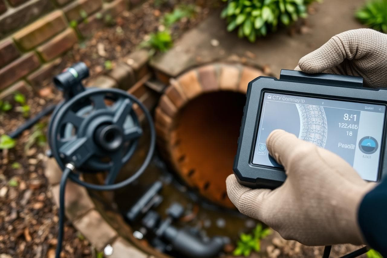CCTV drain survey camera reel and monitor showing the inside of a clay drainage pipe during an inspection.