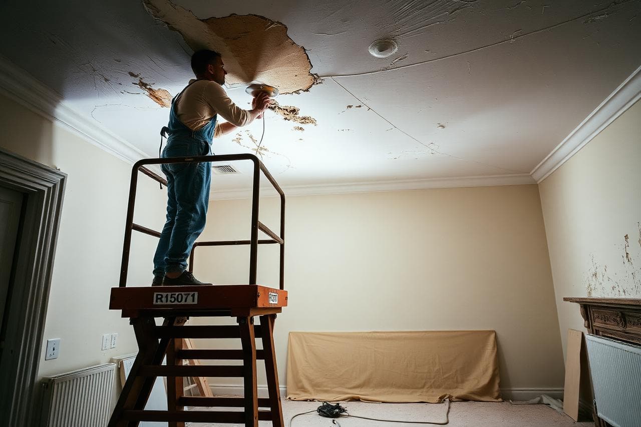 Plasterer on a platform repairing and skimming a damaged ceiling in a UK period house with dust sheets covering the floor.