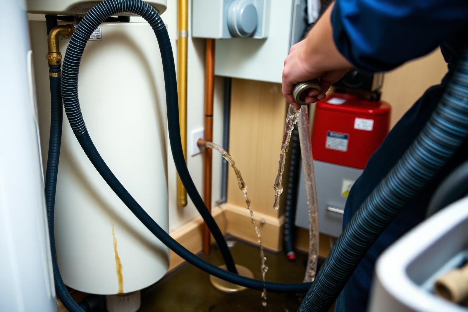 Power flushing machine connected by hoses to a central heating system with dirty water running through a clear hose.
