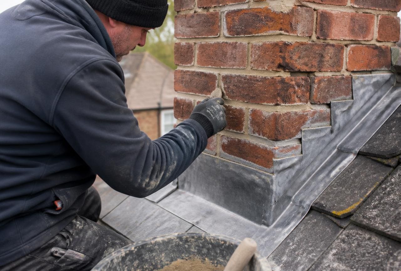 Roofer repointing a brick chimney stack and dressing new lead flashing into a slate roof on a UK house.