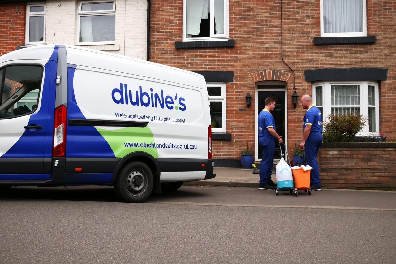 Branded cleaning company van parked outside a UK terraced house while two uniformed cleaners unload equipment.