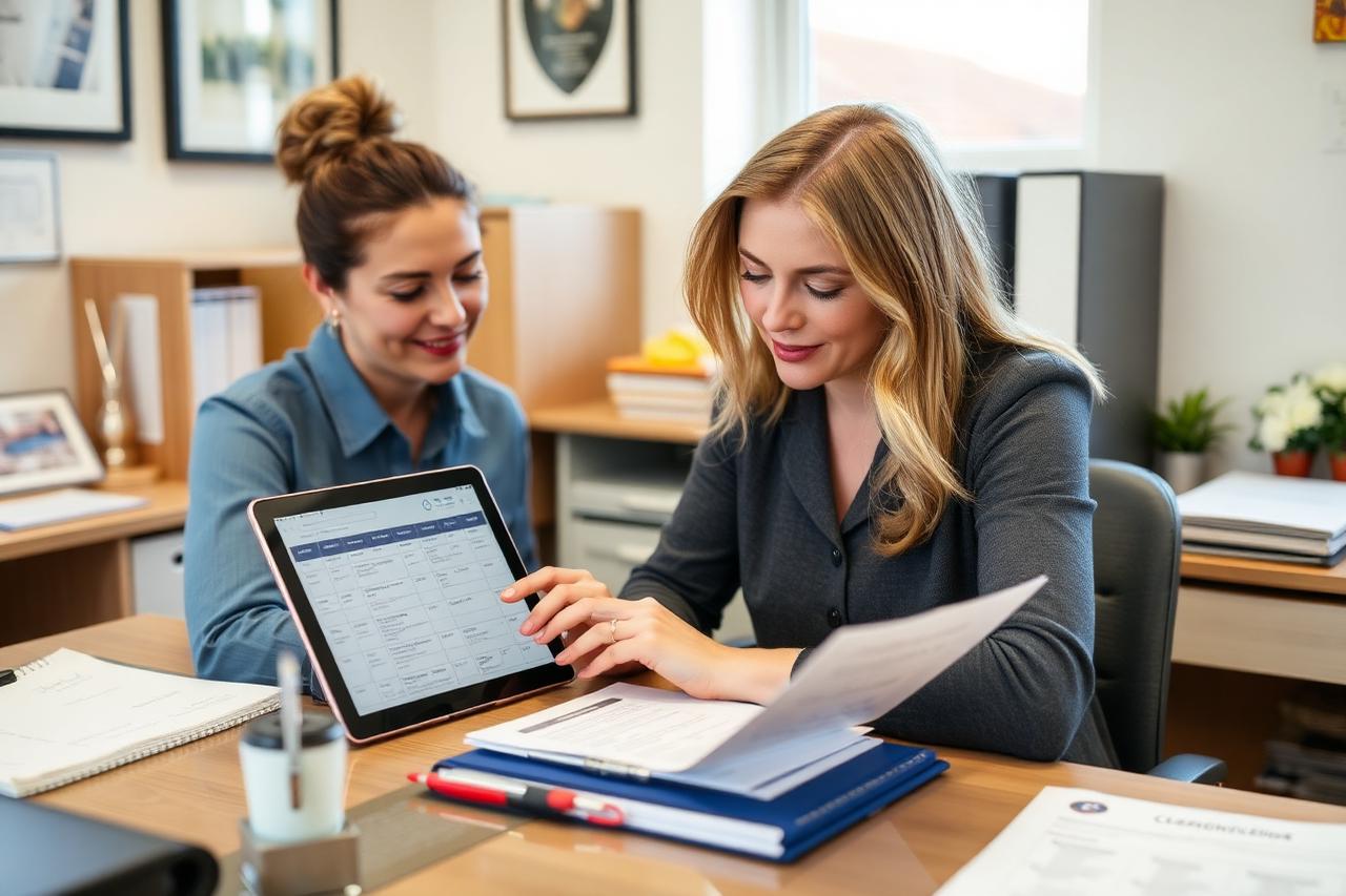 Cleaning business owner reviewing a booking schedule on a tablet alongside a printed checklist and quotation.