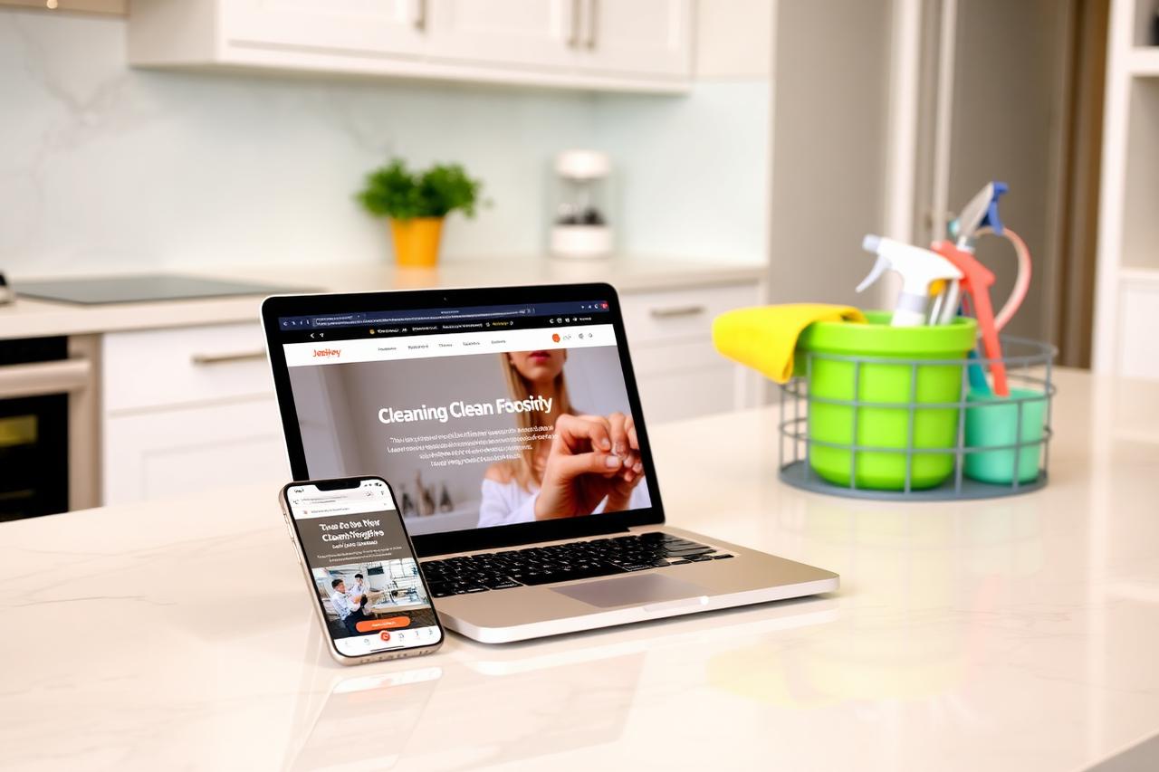 Cleaning company website shown on a smartphone and a laptop on a spotless kitchen island beside a cleaning caddy.