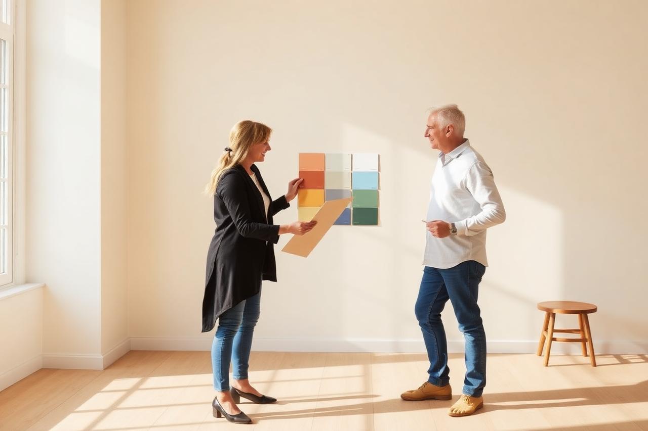 Decorator and homeowner comparing large paint colour swatches against a wall during a colour consultation.