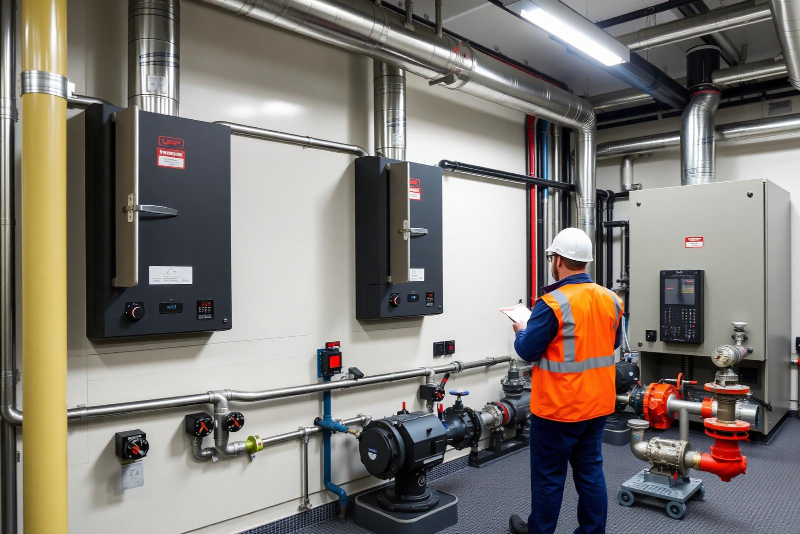 Commercial boiler plant room with wall-mounted commercial boilers, steel pipework and pumps, engineer in hi-vis checking controls.