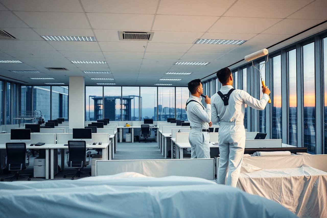 Two commercial decorators painting the walls of a large open-plan office with furniture under protective sheeting.